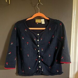Liz Claiborne Navy Sweater with Red Embroidery